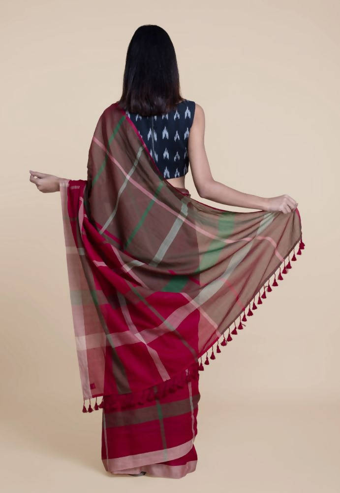Suta Women Maroon Green Pure Handloom Cotton Saree | Grocsy