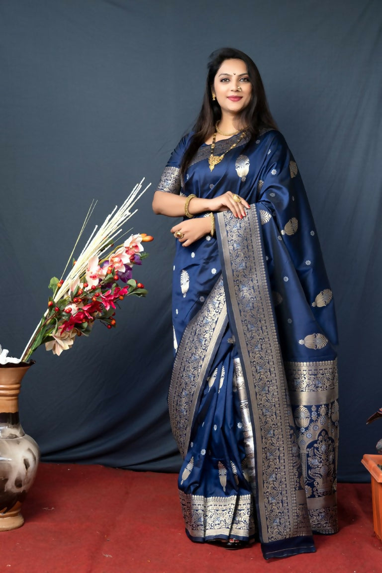 Jyoti Fashion Women's Navy Blue Paithani Silk Zari Woven Saree with Blouse | Grocsy
