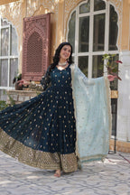 Vastranavya Premium Designer Faux Blooming with Embroidery Zari Sequins work Gown - Teal | Grocsy