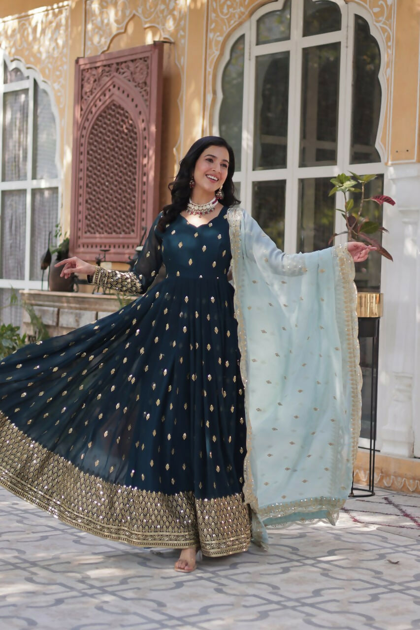 Vastranavya Premium Designer Faux Blooming with Embroidery Zari Sequins work Gown - Teal | Grocsy
