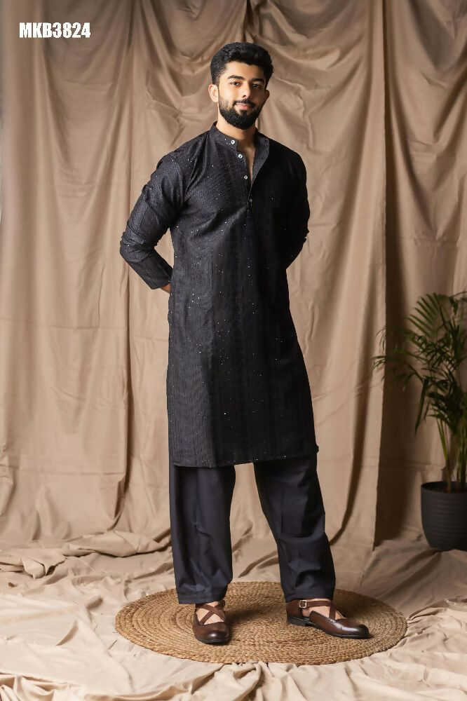 Black Rayon Thread Embroidery Work Kurta Set - Mahotsav | Grocsy