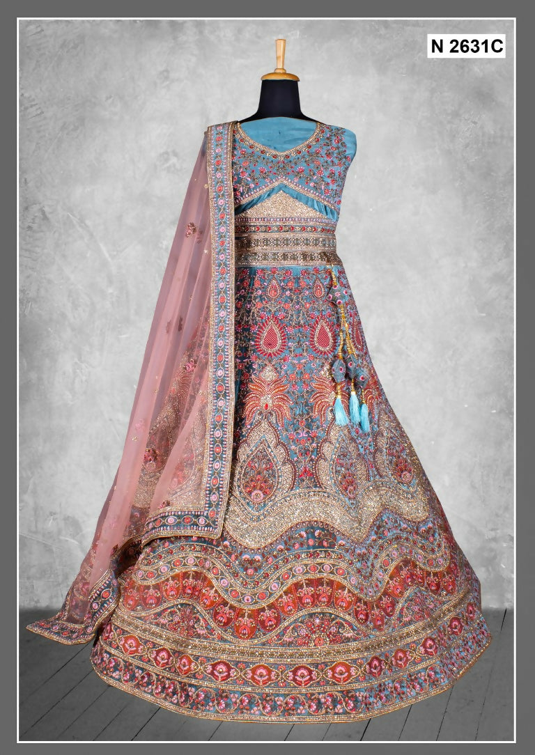 Blue Velvet Thread With Hand Work Lehenga Choli - Nimaya Tyohar | Grocsy
