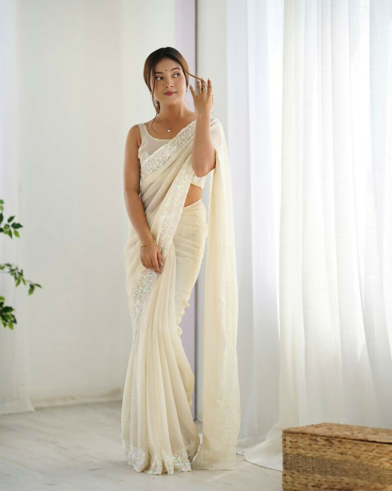 Georgette Designer Sequance Embroidery Work Party Wear Saree - Cream | Grocsy