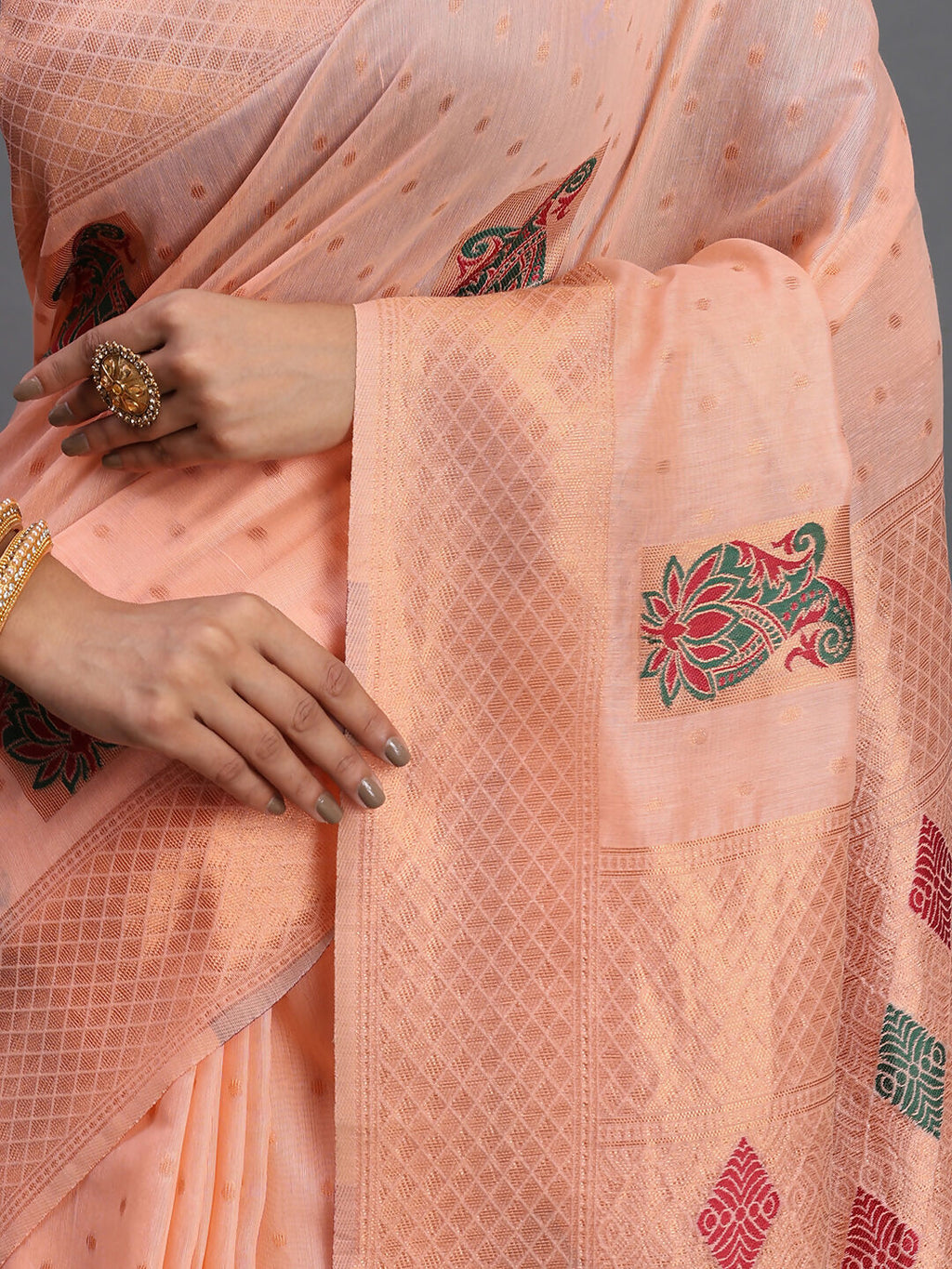 Shree Shyam Fashion Linen Cotton Peach Saree | Grocsy
