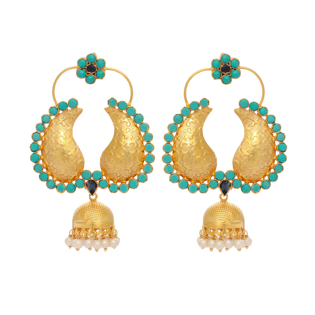 Nuyug 22K Gold Plated Turquoise Stone Studded Contemporary Mini Jhumki Dangler Earrings | Grocsy