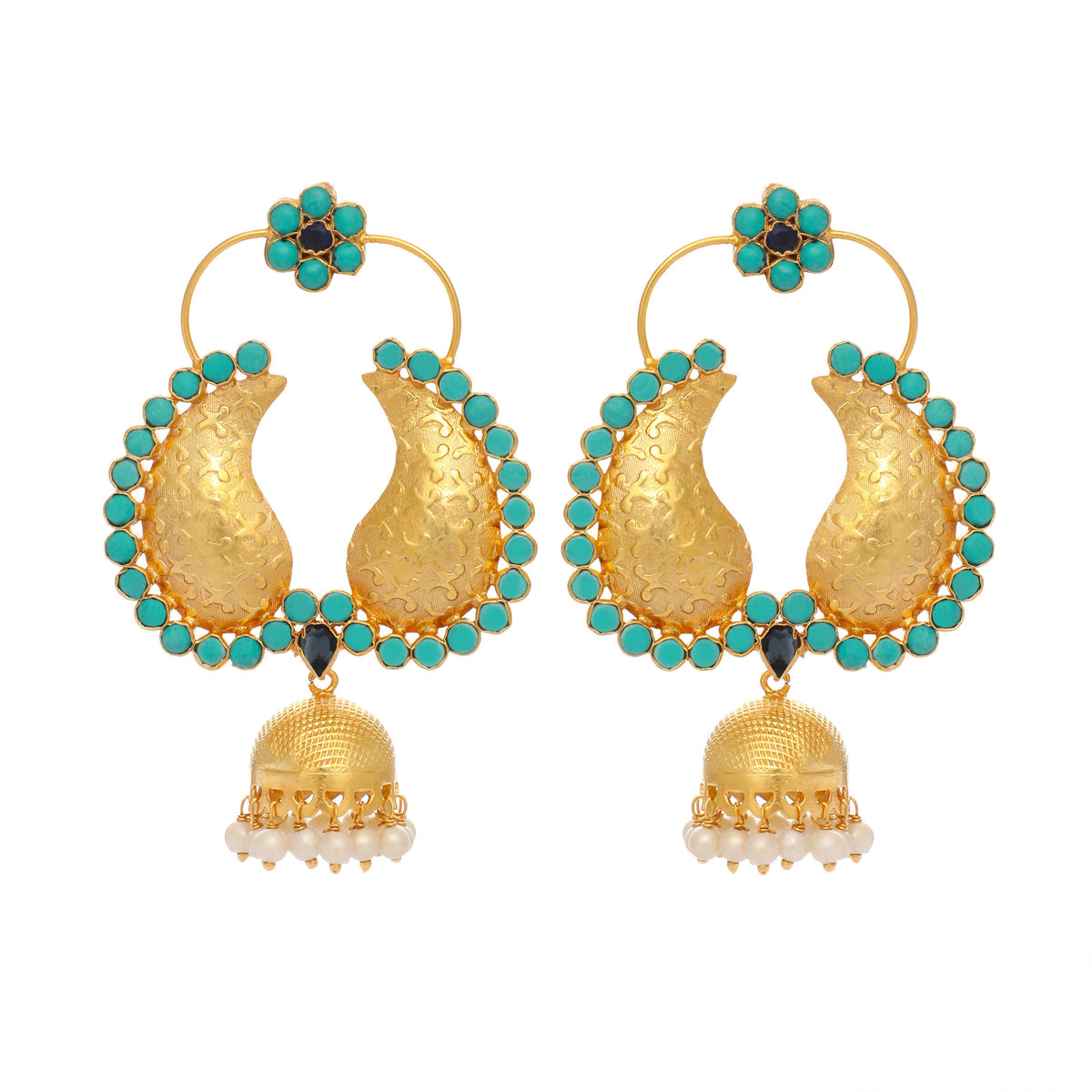 Nuyug 22K Gold Plated Turquoise Stone Studded Contemporary Mini Jhumki Dangler Earrings | Grocsy