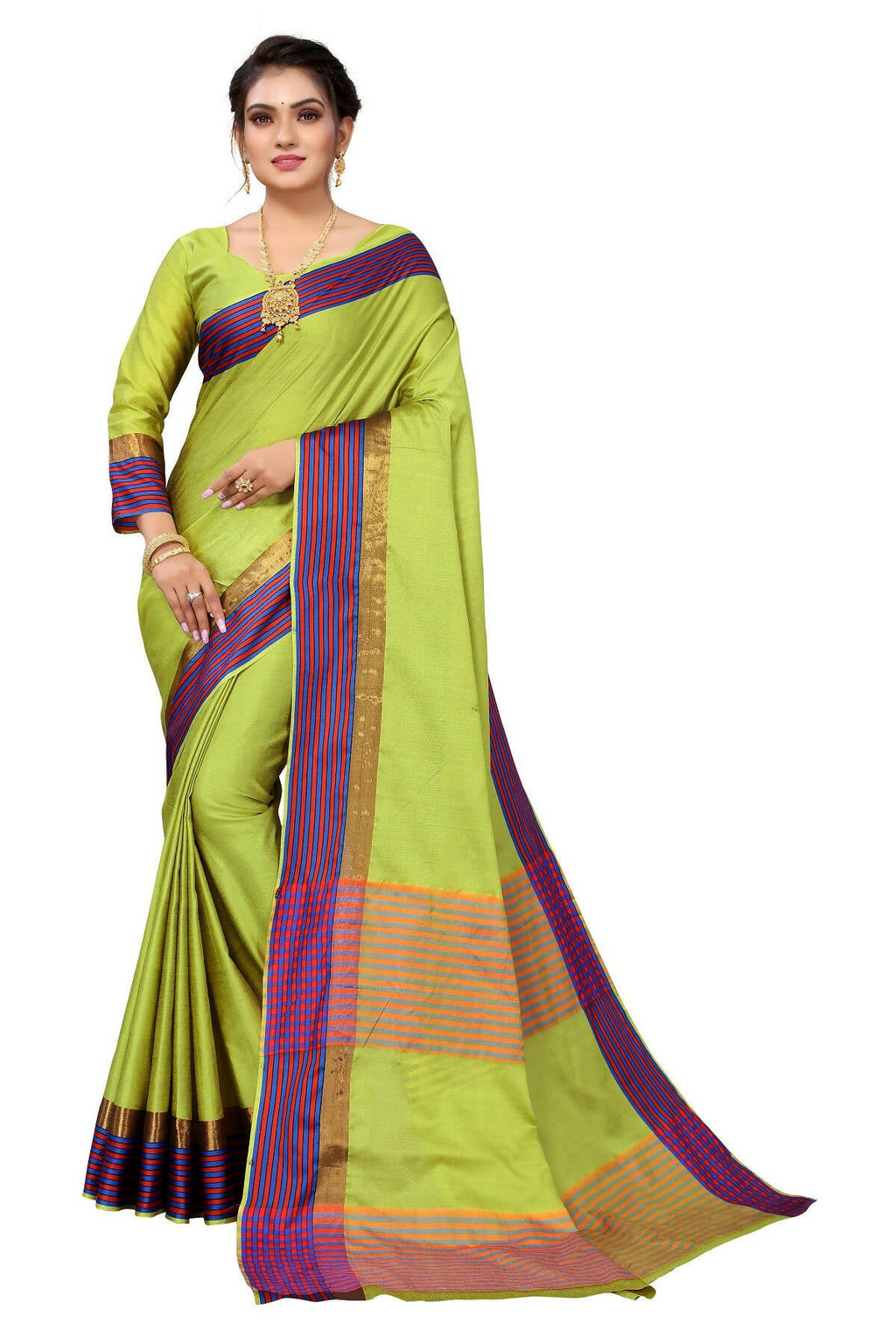 Vamika Ethnic Fire Parrot Green Cotton Silk Saree | Grocsy