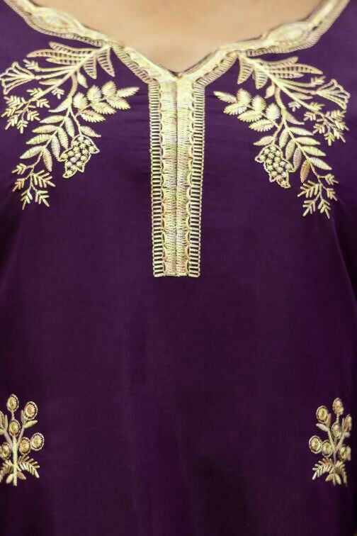 The52 Wine Women's Beautiful Viscose Chanderi Fabric Thread Work Straight Kurta Pant and Dupatta Set | Grocsy