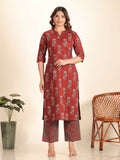 Aramya Maroon Soft Cotton Floral Print Straight Kurta Set for Women | Grocsy