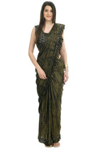 Mominos Fashion All Season Wear Olive Green And Black Ruffled Ready To Wear Saree | Grocsy