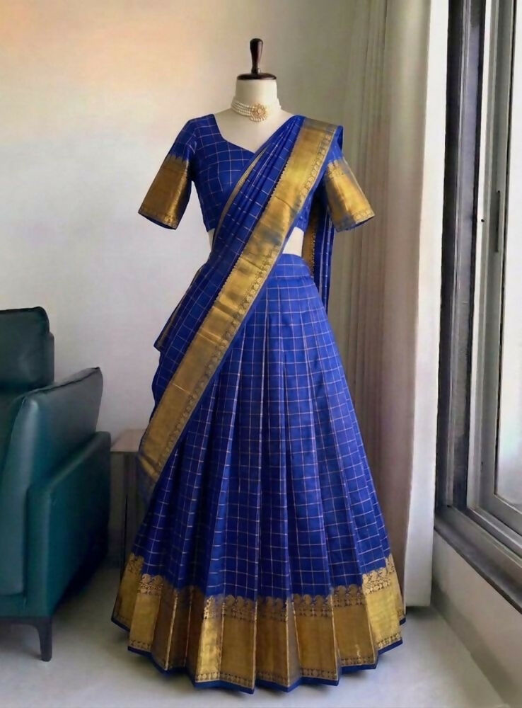 Teeya Creation Vibrant Royal Blue Checkered Silk Lehenga Choli with Antique Gold Border | Grocsy