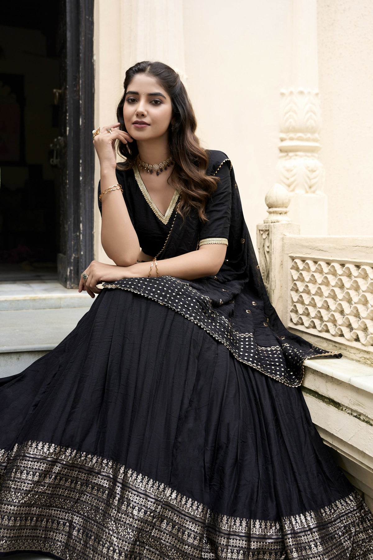 Lorenvalley Black Pure Chanderi Plain With Zari Weaving Work Border Lehenga Choli | Grocsy