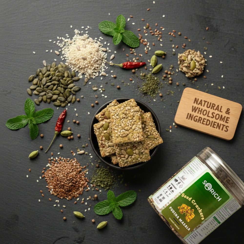 Sorich Organics Pudina Seeds Cracker – Crispy & Healthy Snack with Pudina Masala Twist | Grocsy