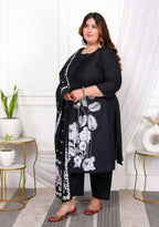 Miravan Women's Plus Size Black Pintucks Detailing Straight Kurta and Palazzo with Dupatta Set | Grocsy