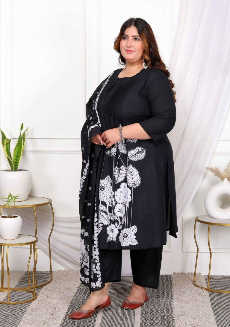 Miravan Women's Plus Size Black Pintucks Detailing Straight Kurta and Palazzo with Dupatta Set | Grocsy