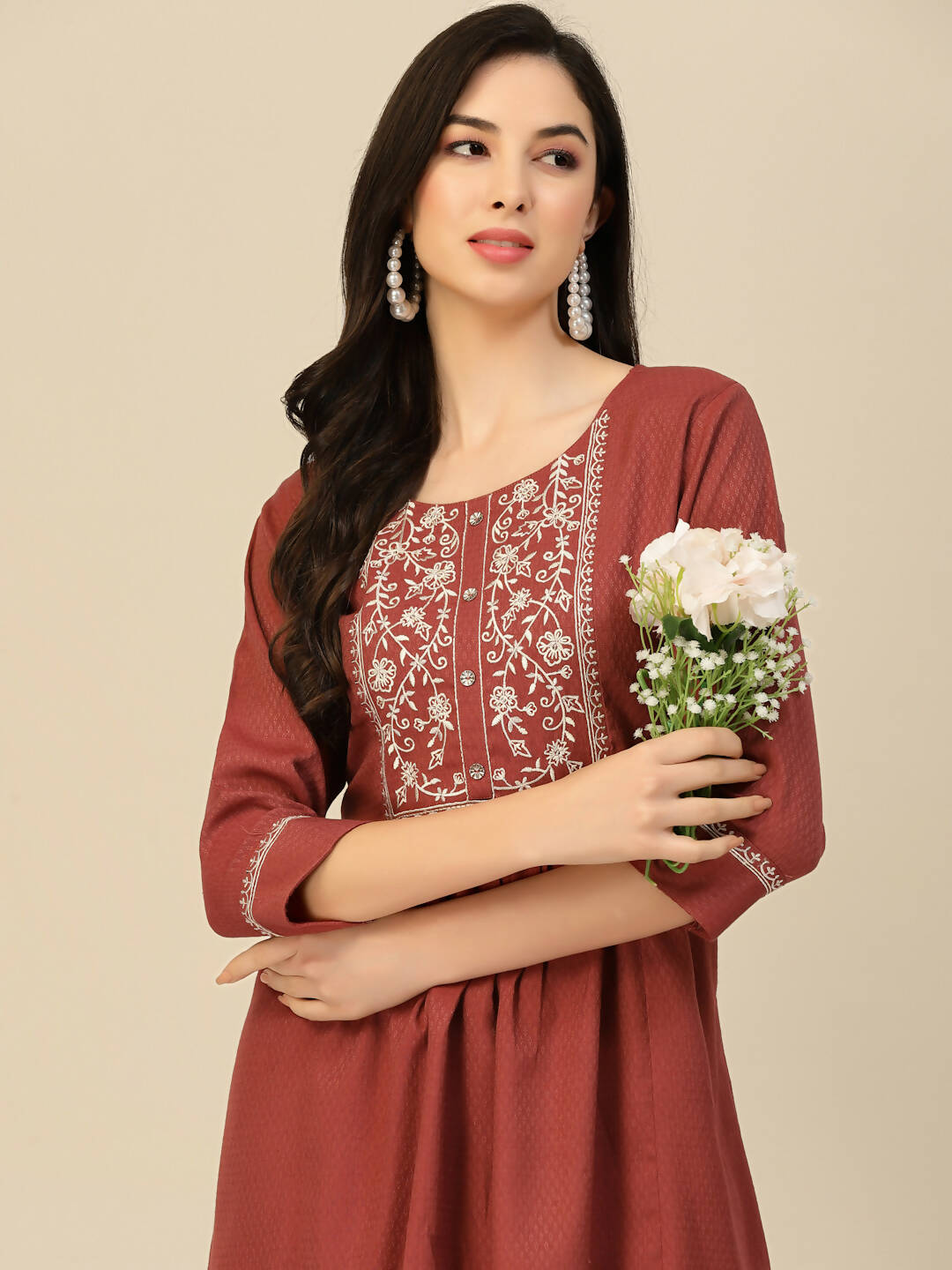 Brown Poly Rayon Floral Embroidered Top - Zeny | Grocsy