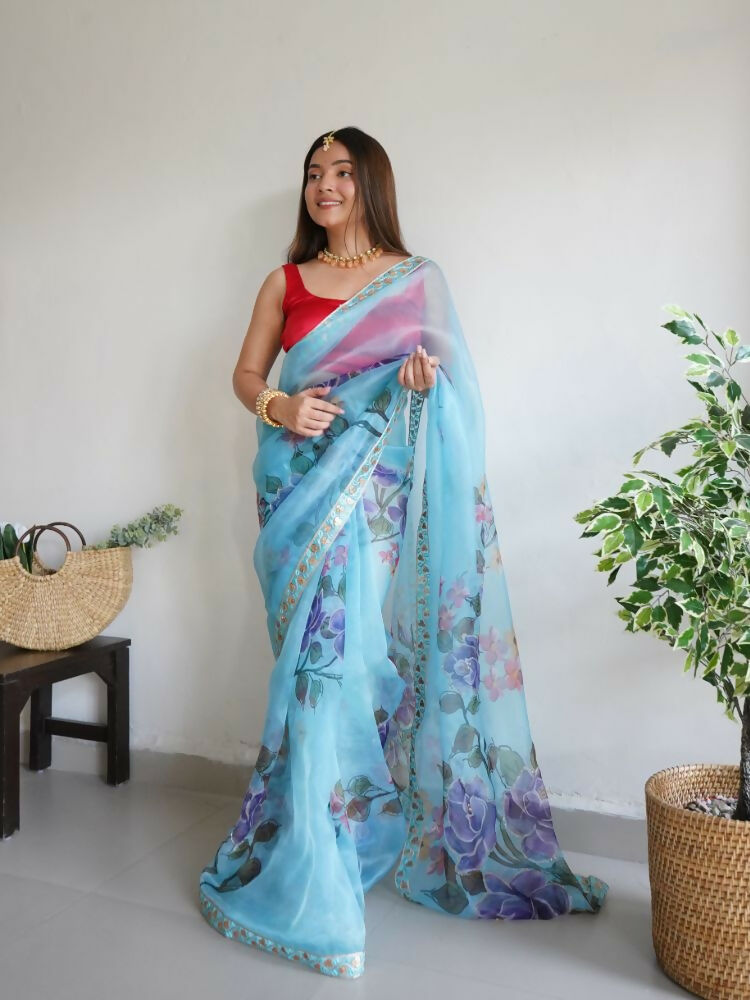 Vamsee Nilam Sky Organza Saree | Grocsy