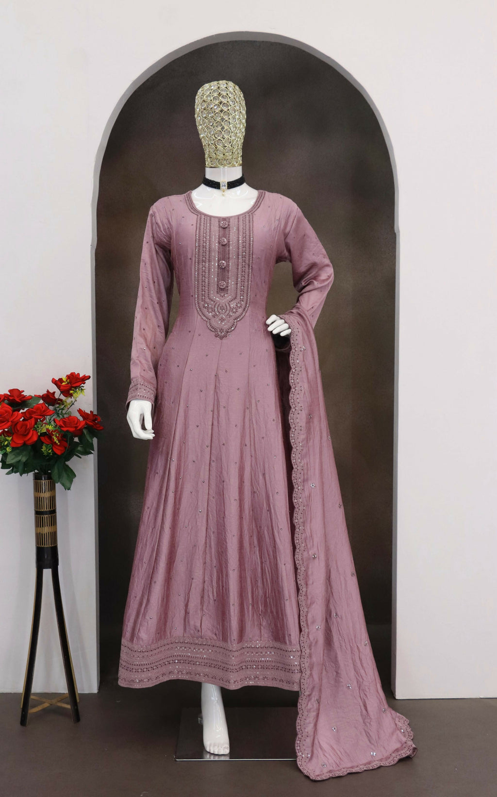 Teeya Creation Pink Color Heavy Vichitra Silk Embroidery Work Long Gown | Grocsy