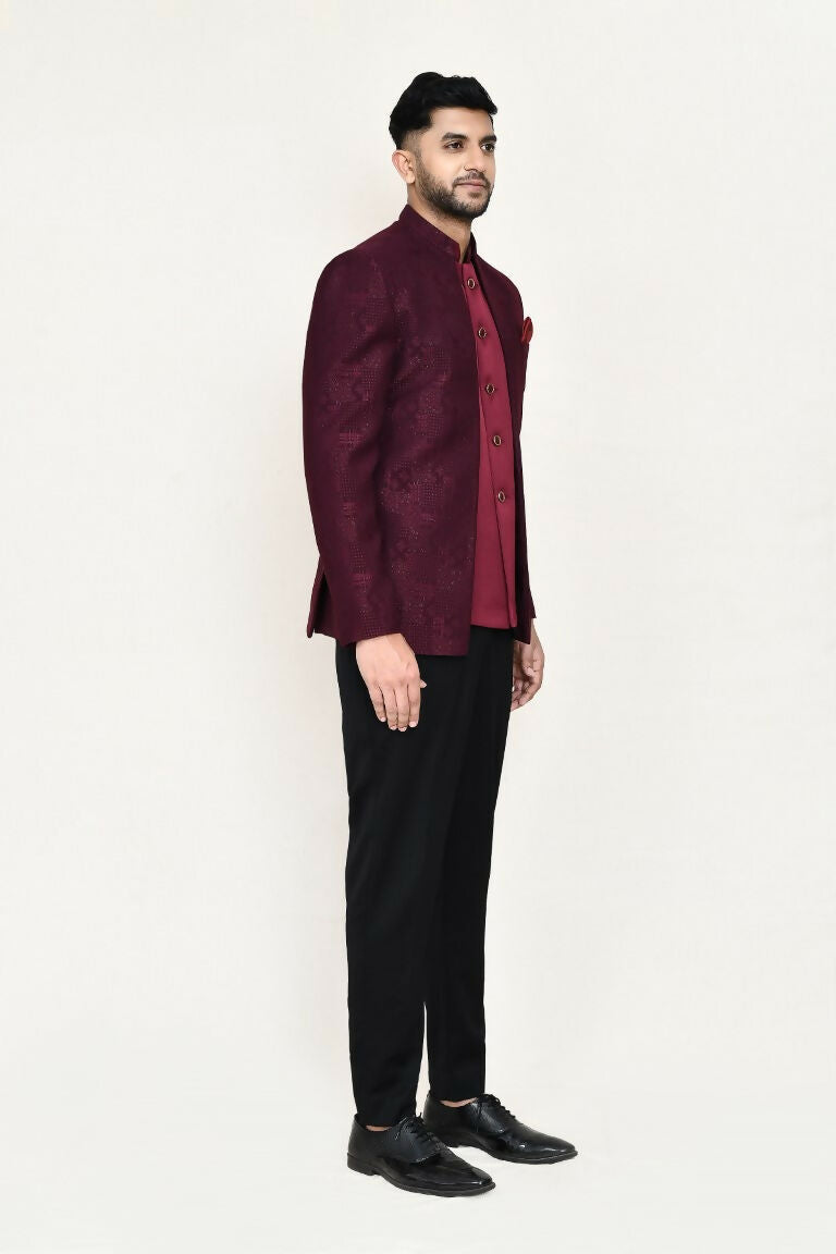 Joban Fashion Maroon Colored Imported Jacquard Fabric Open Prince Coat, Jacket With Pant | Grocsy