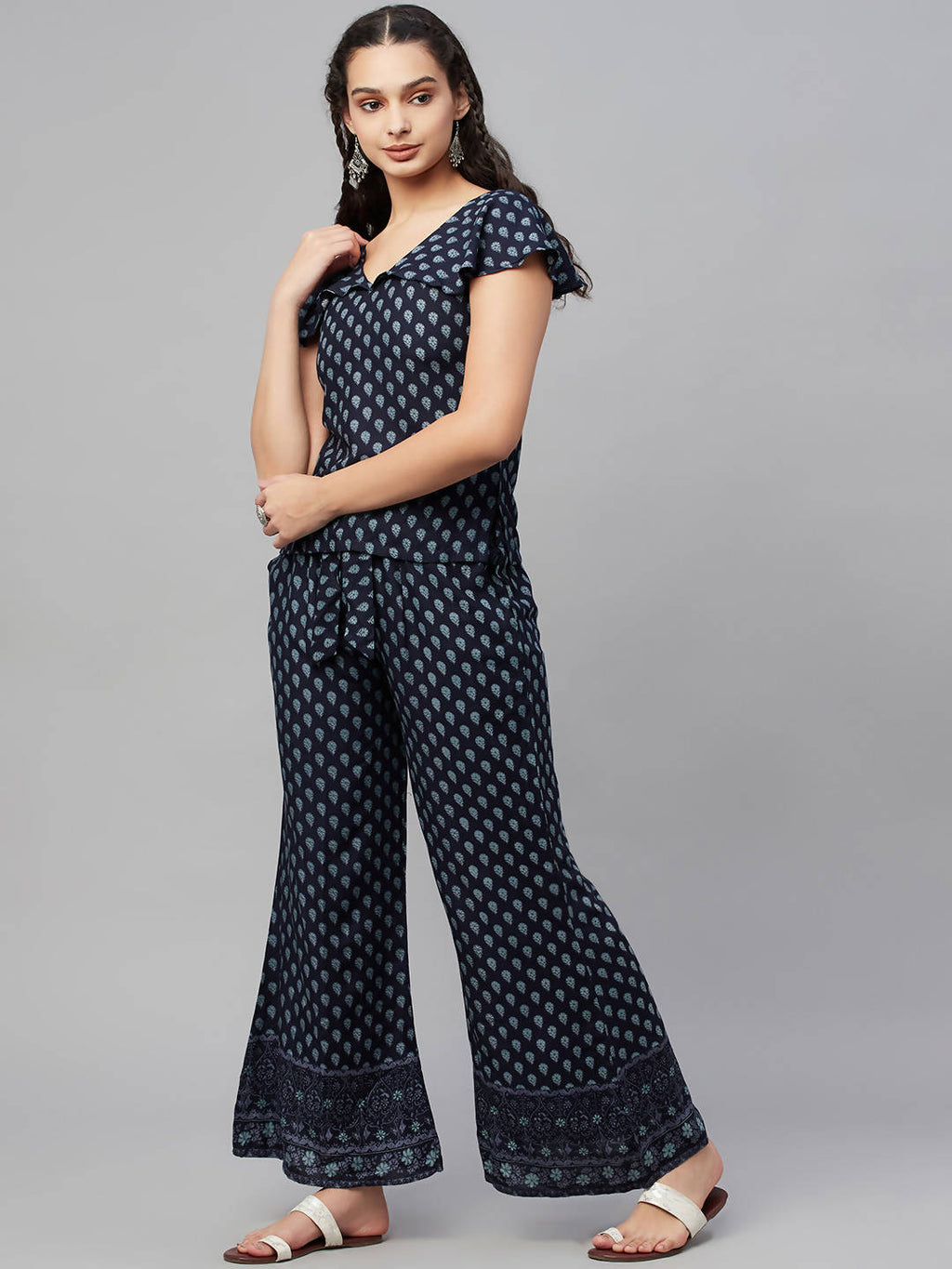 Myshka Women Blue Printed Top Palazzo Set | Grocsy