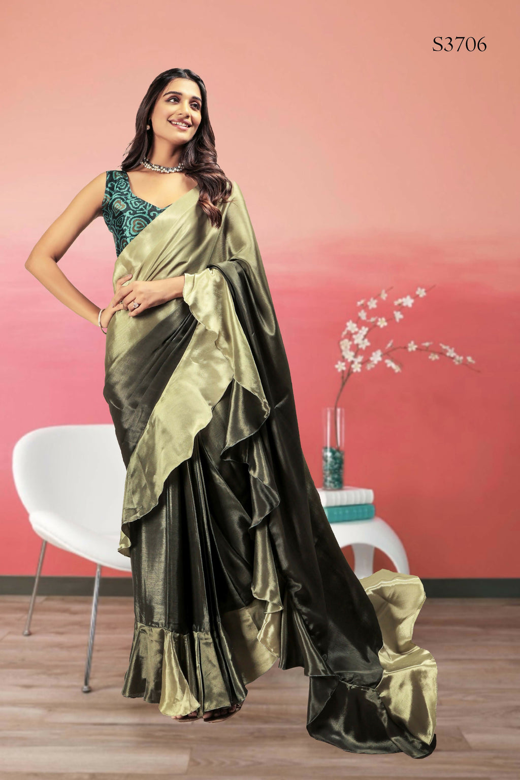 Green Satin Solid Designer, Printed Party Wear Ready To Wear Saree - Nasreen | Grocsy