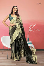Green Satin Solid Designer, Printed Party Wear Ready To Wear Saree - Nasreen | Grocsy