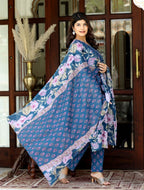 Miravan Women's Cotton Floral Angrakha Kurta And Palazzo With Dupatta Set | Grocsy