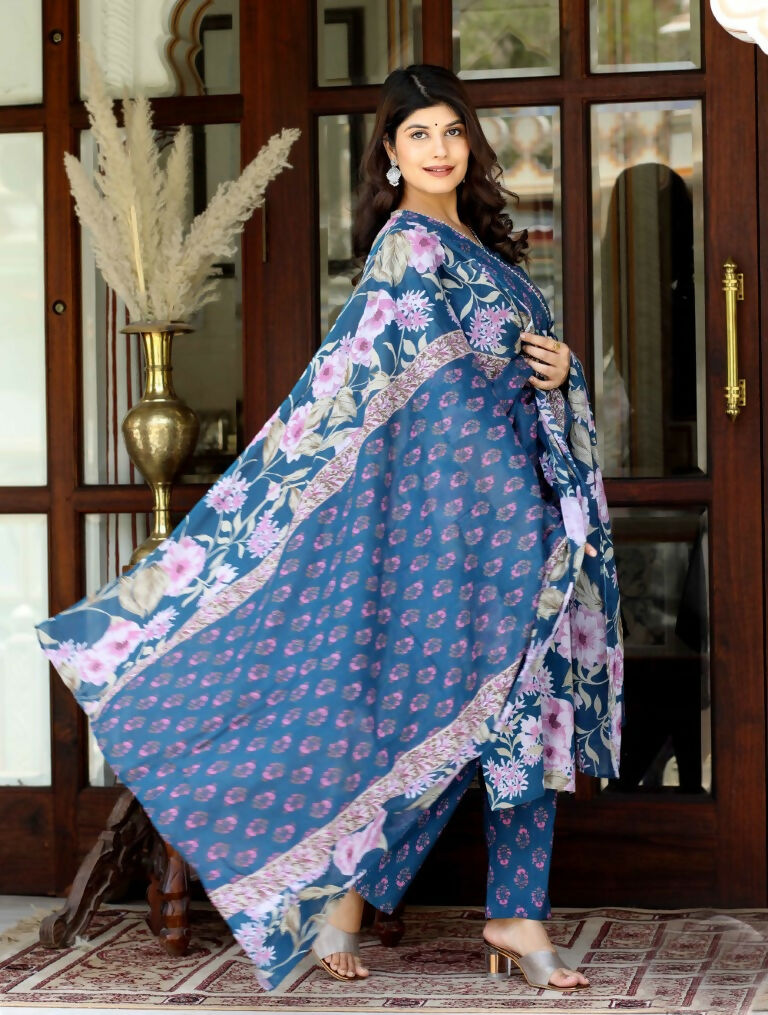 Miravan Women's Cotton Floral Angrakha Kurta And Palazzo With Dupatta Set | Grocsy