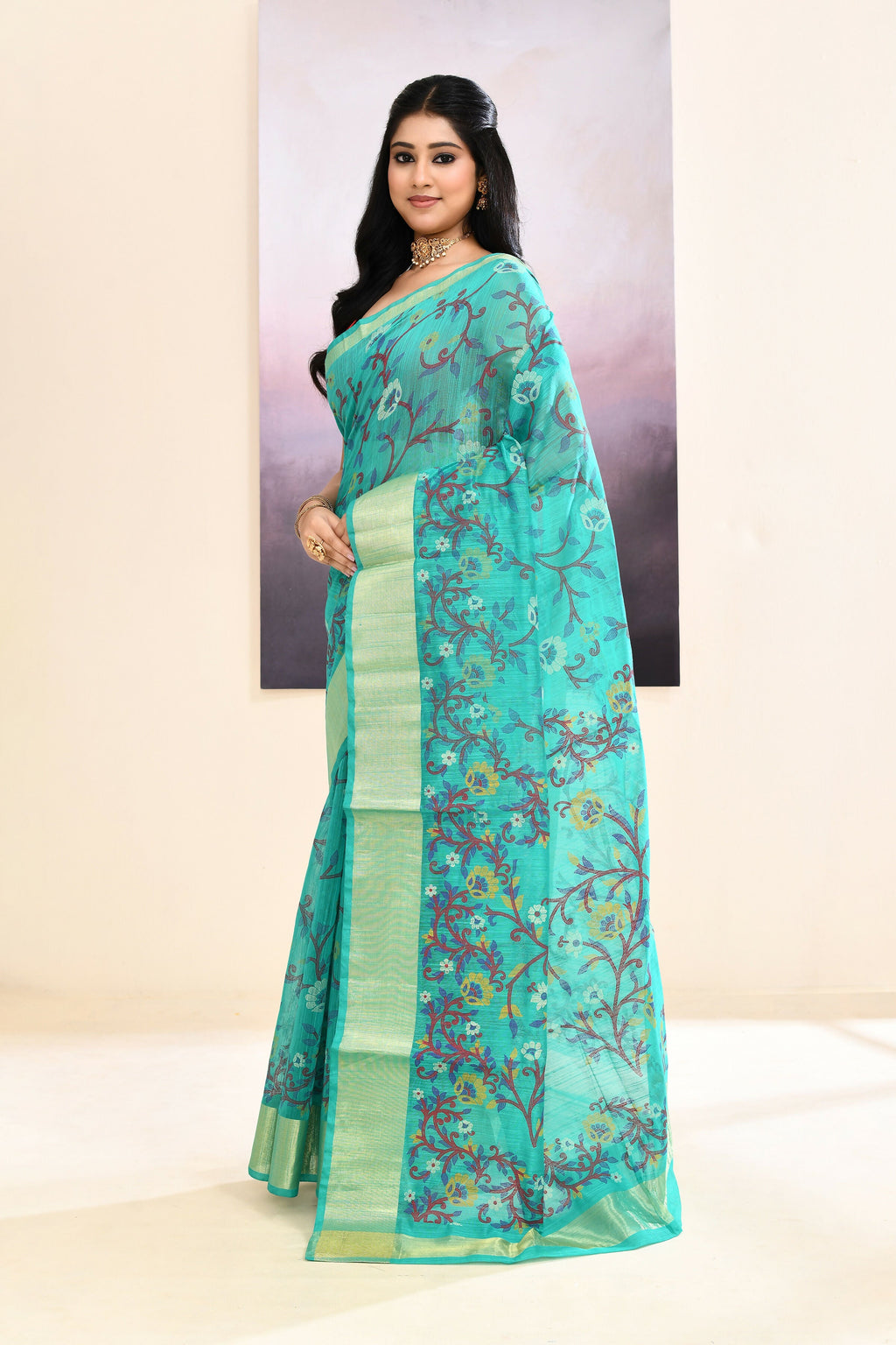 Piyari Fashion Women's Turquoise Embellished Cotton Blend Printed Saree | Grocsy