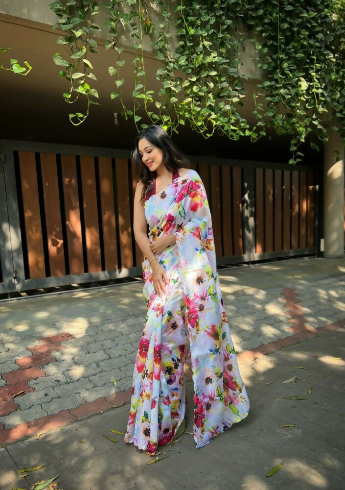 Vamsee Floral Multi Color Vichitra Silk Saree | Grocsy