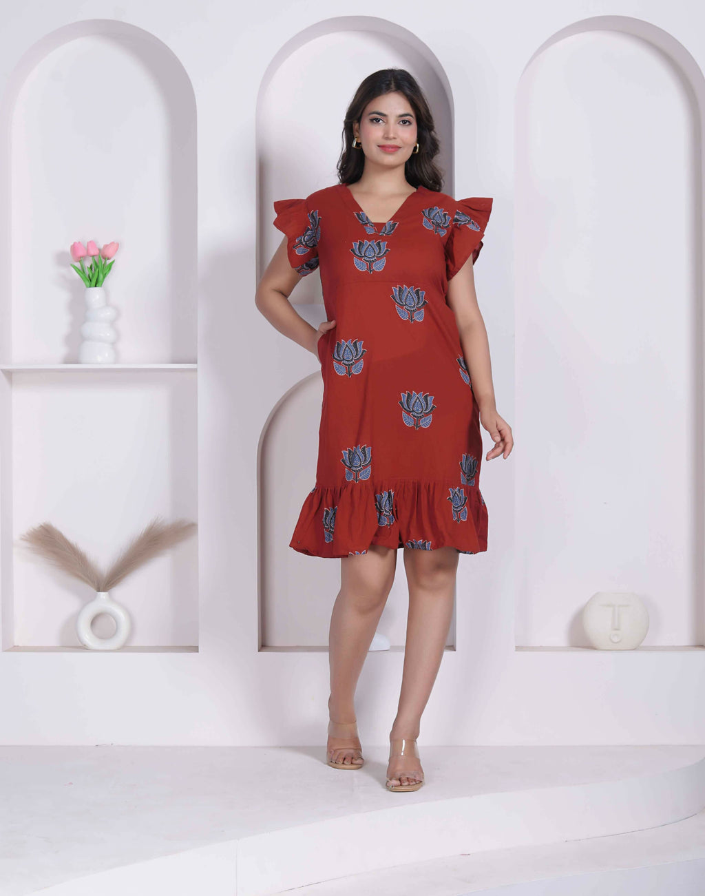 Miravan Women Empire Waist Rust Mini Length Dress | Grocsy