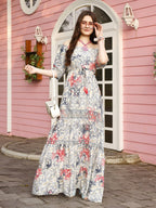 Grey Crepe Foil Printed Long Dress - Michan | Grocsy