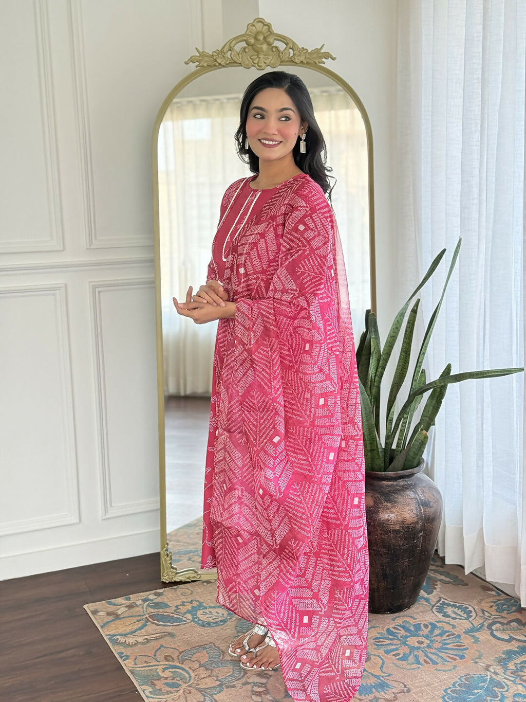 The52 Women's Beautiful Rayon Fabric Printed Work Flared Kurta Pant and Dupatta Set | Grocsy