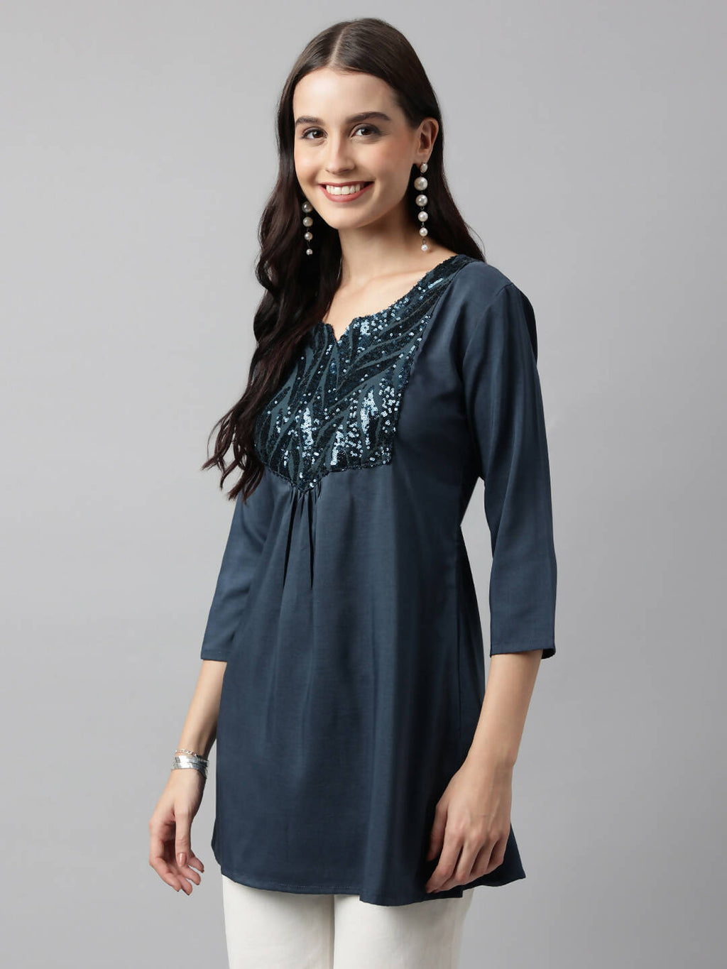 Teal Poly Cotton Yoke Sequence Embroidered A-line Top - Bosky | Grocsy