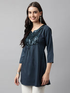 Teal Poly Cotton Yoke Sequence Embroidered A-line Top - Bosky | Grocsy
