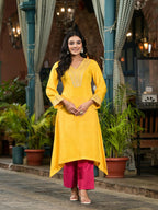 Juniper Women's Yellow Solid Viscose Kurta & Pant Set With Zari Work & Sequins | Grocsy