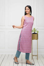 Myshka Women Pink Solid Cotton Straight Round Neck Kurtas | Grocsy