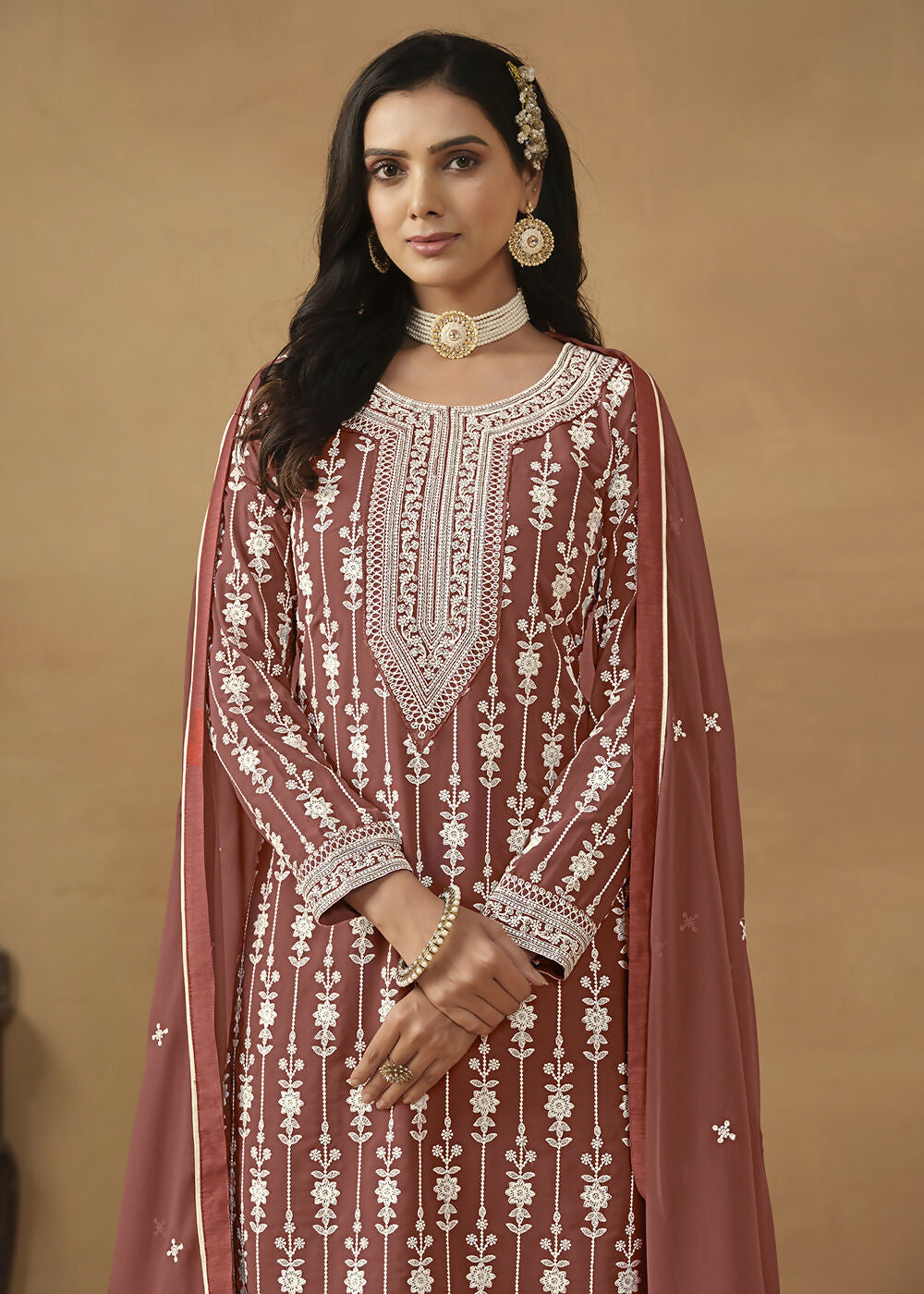 Radiant Brown Embroidered Wedding Festive Gharara Suit - Emponline | Grocsy