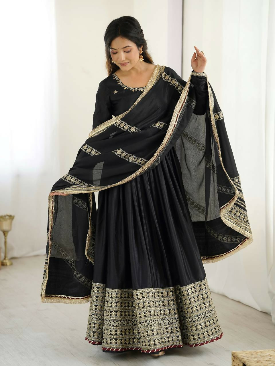 The52 Women's Gorgeous Chinon Silk Fabric Embroidery Work Flared Anarkali Pant and Dupatta Set | Grocsy