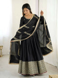 The52 Women's Gorgeous Chinon Silk Fabric Embroidery Work Flared Anarkali Pant and Dupatta Set | Grocsy