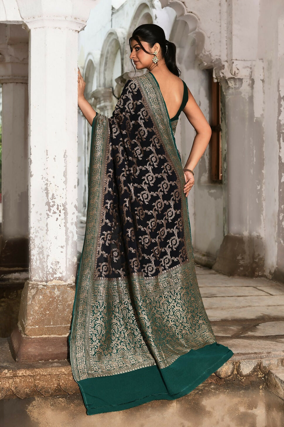 Joban Fashion Navy Blue Crepe Chiffon Pure Handloom Banarasi Silk Saree | Grocsy