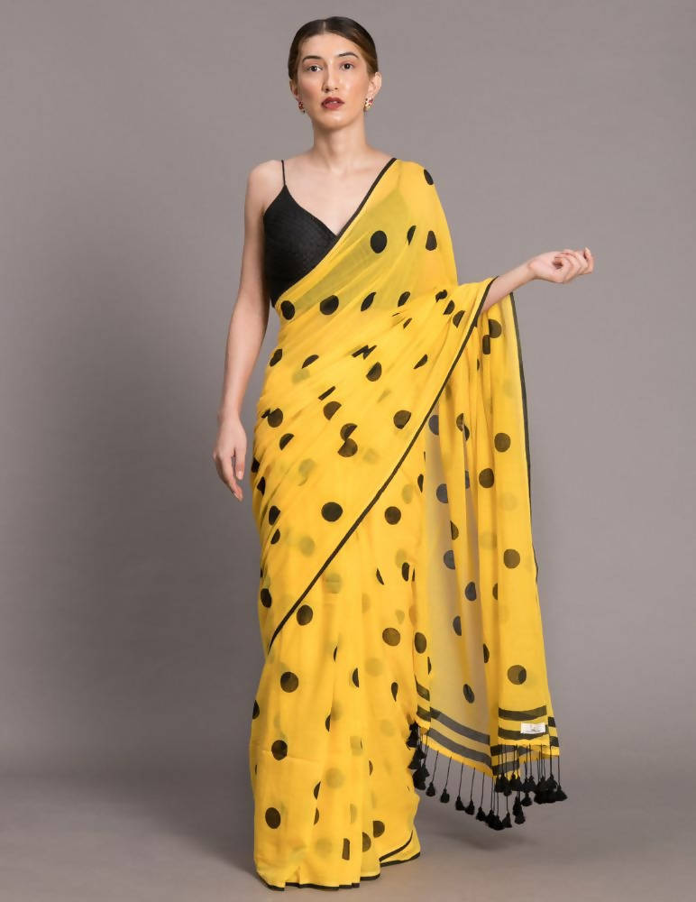 Suta Yellow and Black Polka Printed Pure Cotton Saree | Grocsy