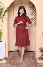 Miravan Womens Maroon Solid A-Line Dress With Belt | Grocsy