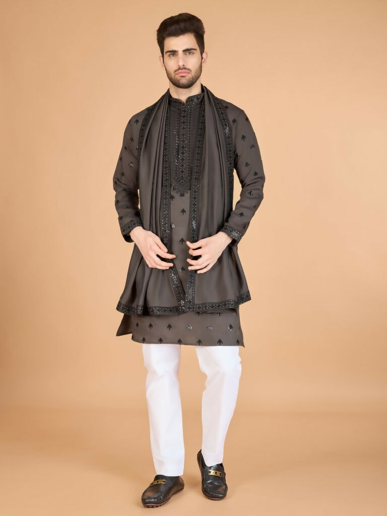 Vastranavya Brown Exclusive Festival Wear Viscose Silk Thread with Sequence Embroidered Work Kurta with Dupatta | Grocsy