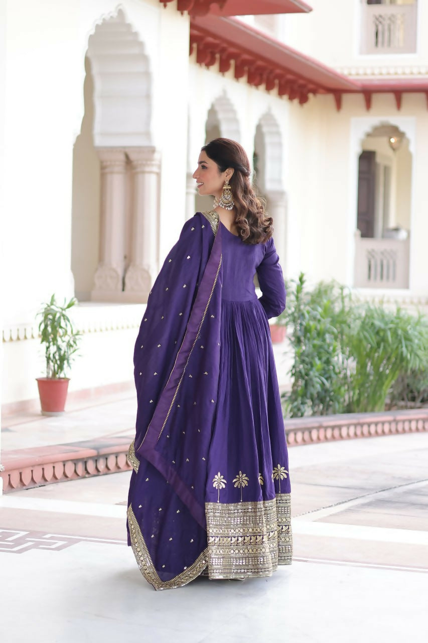 Teeya Creation Womens New Fancy Vichitra Silk With Rich Sequins Embroidered Work Gown Set | Grocsy