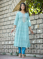 Kaajh Women's Sky Blue Floral Printed Cotton Kurta Pant Set | Grocsy