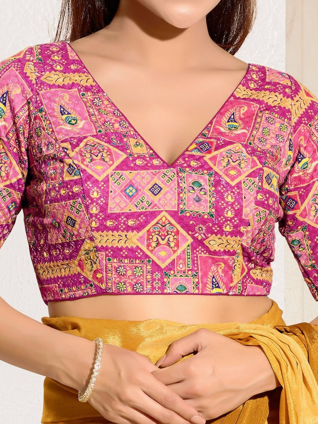 Joban Fashion Pink Viscose Rayon Padded Blouse With V Neck Elbow Sleeves | Grocsy