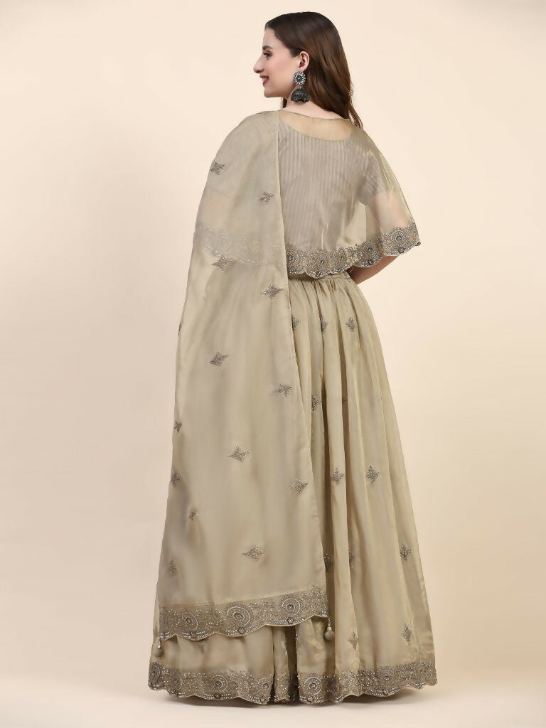 Green Silk Embroidered Poncho Pattern Top & Lehenga with Dupatta - Tanya | Grocsy