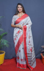 Jyoti Fashion Women's Maroon Linen Silk Digital Print with Jacquard Woven Border Saree with Blouse | Grocsy