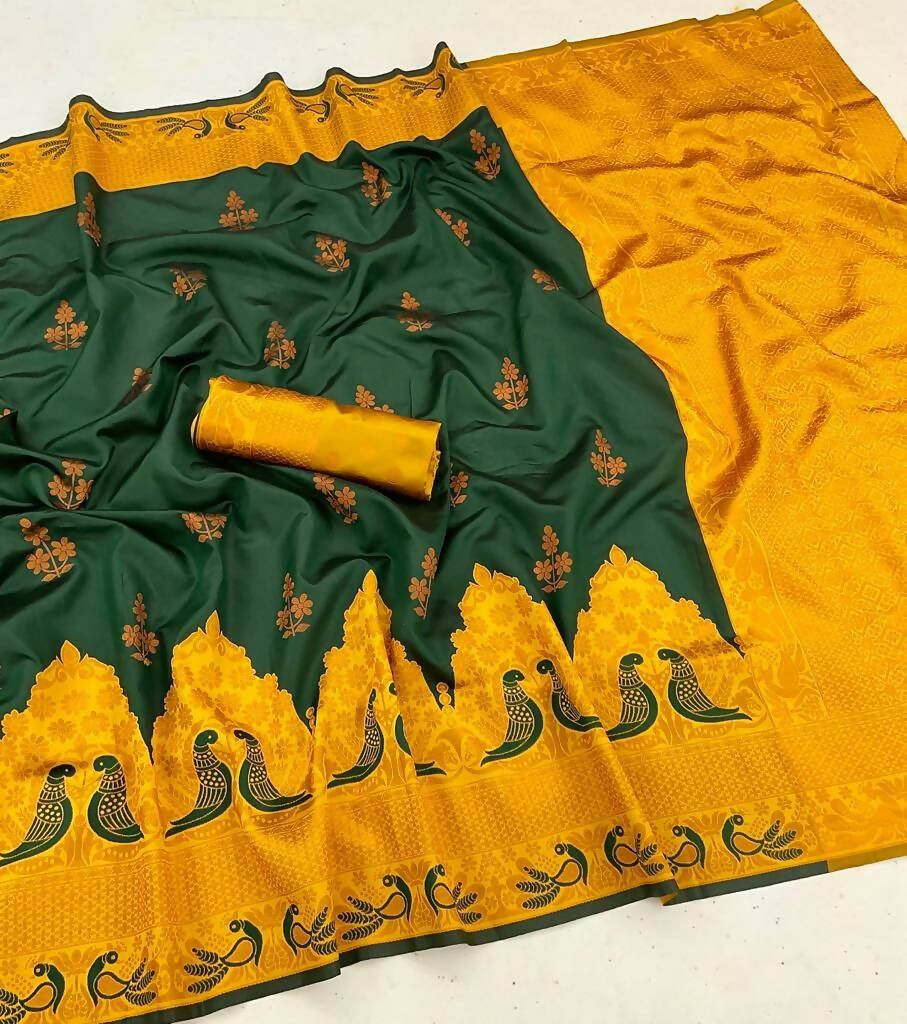 DEIANA'S Beautiful Designer Golden zari Soft Lichi Silk Saree - Green | Grocsy